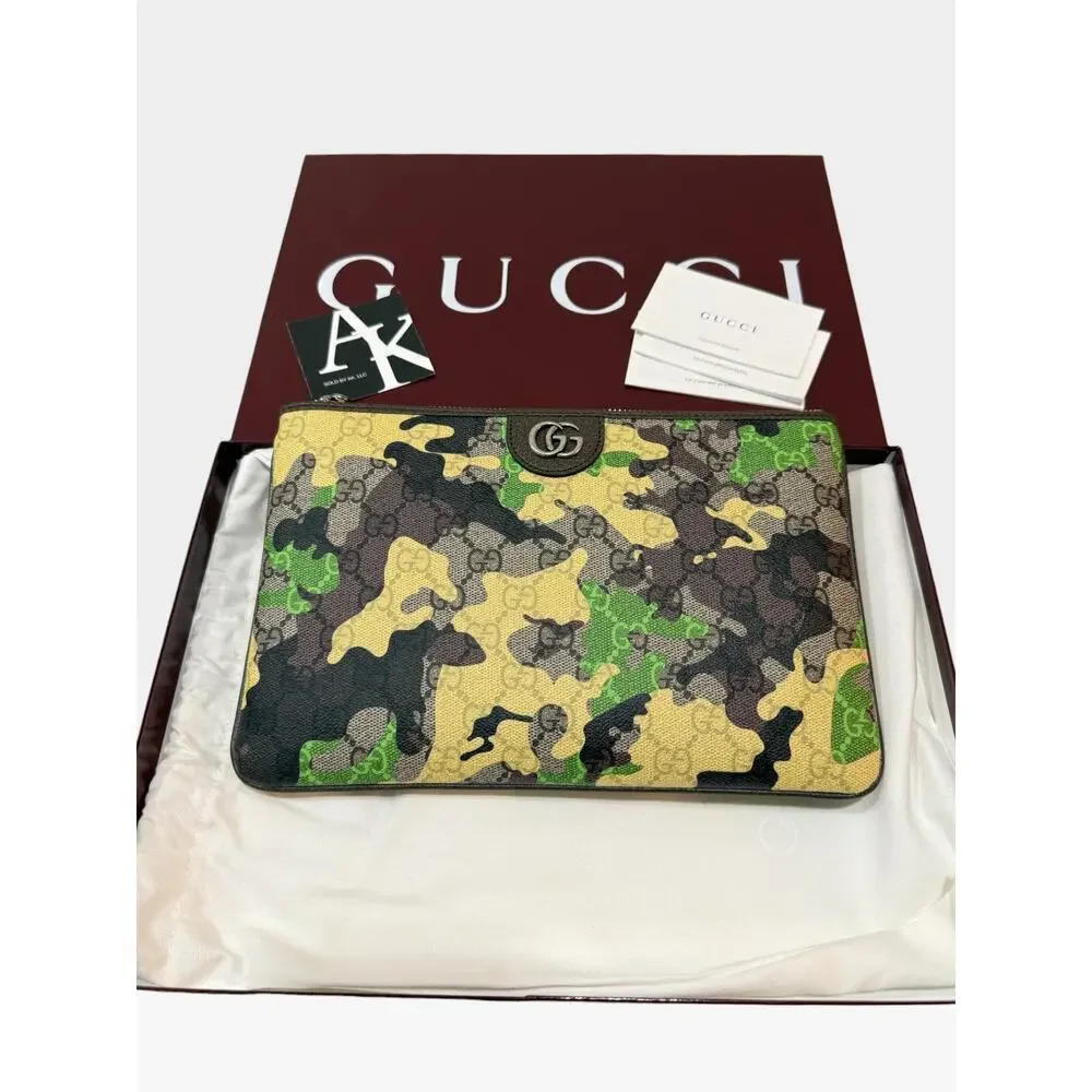 Gucci GG Monogram Camouflage Pouch Green Yellow Brown Double G Clutch NIB